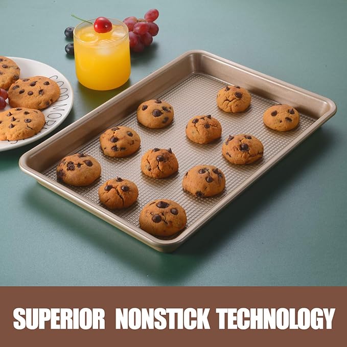 Commercial Half Sheet Pan Set - 18x13 Inch Large Nonstick, Heavy Duty Warp Resistant Cookie Tray for Baking Roasting - Gold