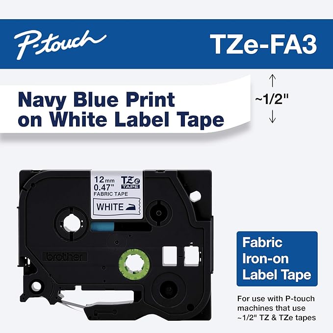 Brother Genuine P-touch TZE-FA3 Tape, 1/2" (0.47") Wide Fabric Iron-On Tape, Navy Blue on White, Can be Ironed onto Virtually Any Cotton Item, 0.47" x 9.8' (12mm x 3M), Single-Pack, TZEFA3