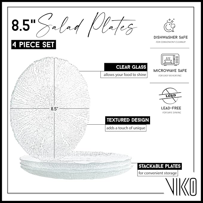 Vikko Salad Plate, Set of 4 Glass Plates, 8.5 Inch Dessert, Salad, Appetizer Plate, Elegant Textured Glass Design, Stackable Plates, Dishwasher Safe