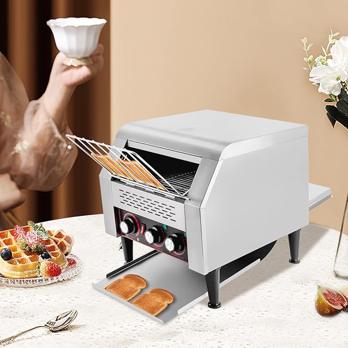 Commercial Conveyor Toaster 300 Slices/Hour Stainless Steel Conveyor Toaster 2200W Electric Toasters Oven Heavy Duty Countertop Restaurant Toaster for Cafes Bun Bagel Bread