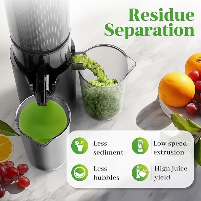 Cold Press Juicer, 5.4" Wide Feed Chute Juicers with 350w Power Motor, Slow Masticating Juicer Machine with High Juice Yield for Whole Vegetables & Fruits, Easy to Clean, Grey(pro)