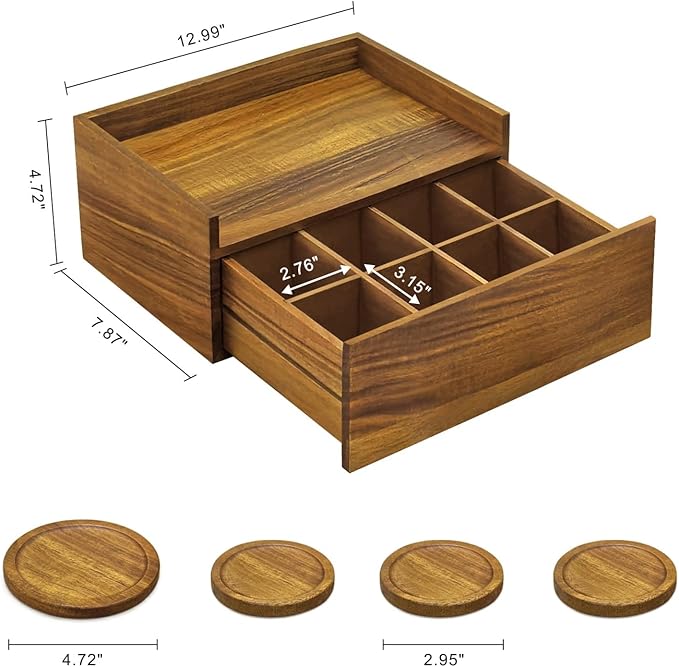 Idefair Acacia Woode Tea Box Organizer Storage Box with 5 Wooden Coasters, Tea Bags Organizer Chest Storage with Drawer, Tea Bag Box for Coffee Teabgs Countertop Display