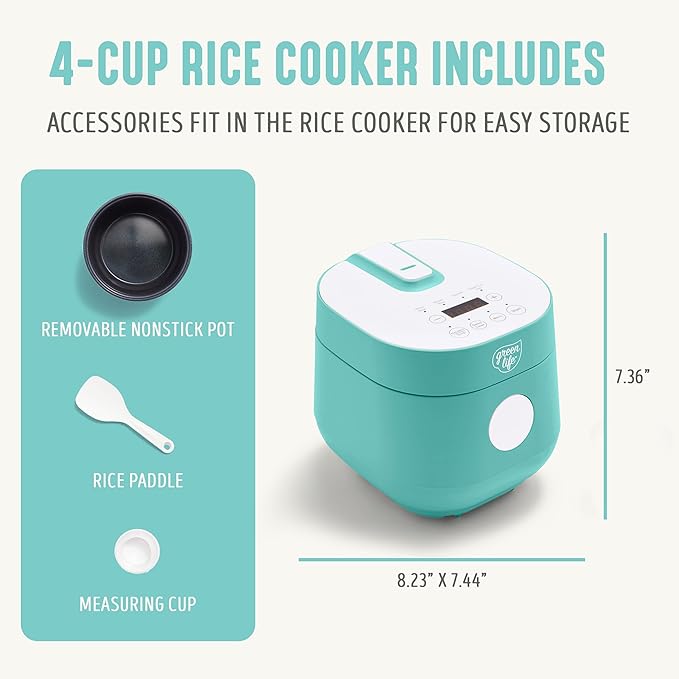 GreenLife Digital Rice Cooker, 2-Cups Uncooked/4-Cups Cooked, Removable Nonstick Ceramic PFAS-Free Pot, One-Touch Presets, Oats, Quinoa, Brown Rice, Auto Keep Warm, Fuzzy Logic Tech, 1.5 QT, Turquoise