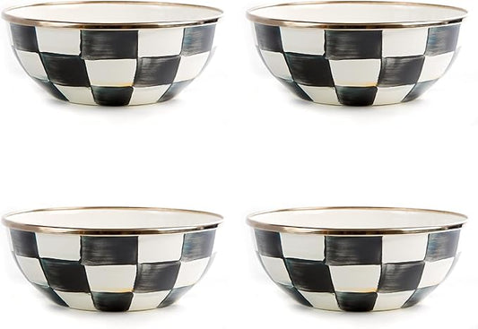 MACKENZIE-CHILDS Enamel Everyday Bowl, Serving Bowl for Entertaining, Extra-Small, Black-and-White Courtly Check, Set of 4