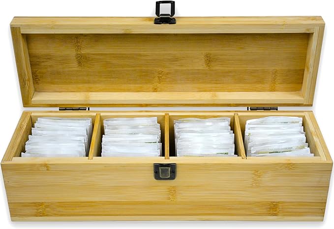 Bamboo Tea Organizer Box Chemical Free Eco-Friendly Big, Tall, Adjustable Cubbies Natural Wooden Storage Chest (4-Slot Rectangle 14.3"x 4.4" x 4.2" with TEA print design)