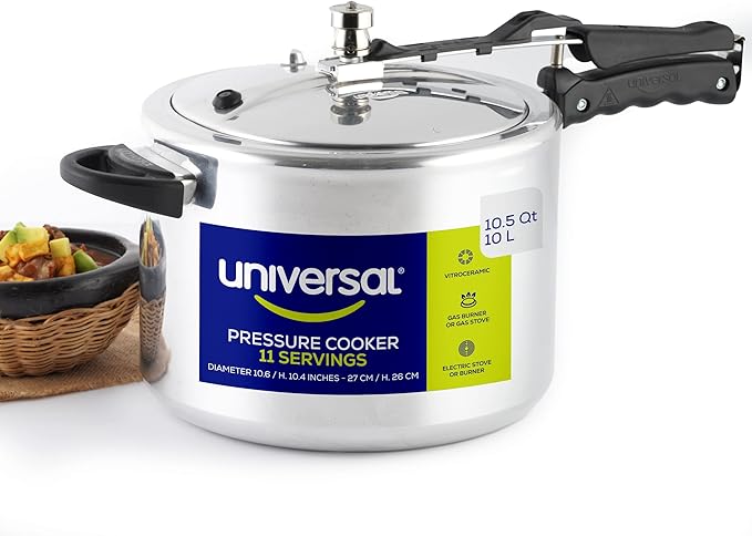 Universal (10.5 Quart / 10 Liter) Pressure Cooker, 11 Servings, Aluminum Pressure Cooker With Multiple Safety Systems and Heat Resistant Handles For Stews, Soup, Meat, and Beans