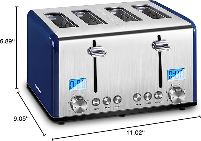 Countdown Stainless Steel 4 Slice Toaster with Bagel, Defrost, Cancel Function, Dual Toaster, Extra Wide Slots, 6 Shade Settings, Removable Crumb Trays, 1650W, Blue