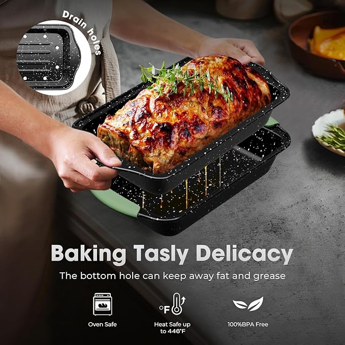 11-Piece Nonstick Bakeware Set, Stackable & Oven-Safe Kitchen Baking Pans with Silicone Handles - Includes Cookie Sheet, Cake Pan, Muffin Tin, Pizza Stone & Bread Loaf Pan, Dark Green&Black