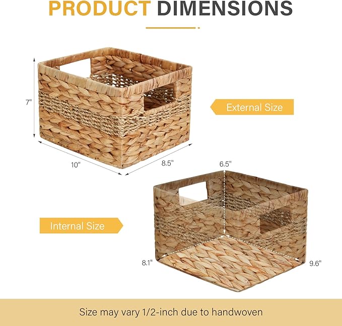 Hand-woven Water Hyacinth Baskets, Pantry Organizers and Storage with Handles, Decorative Wicker Baskets for Organizing Shelves, Laundry (10x8.5x7in 2-Pack, Natural Hyacinth)