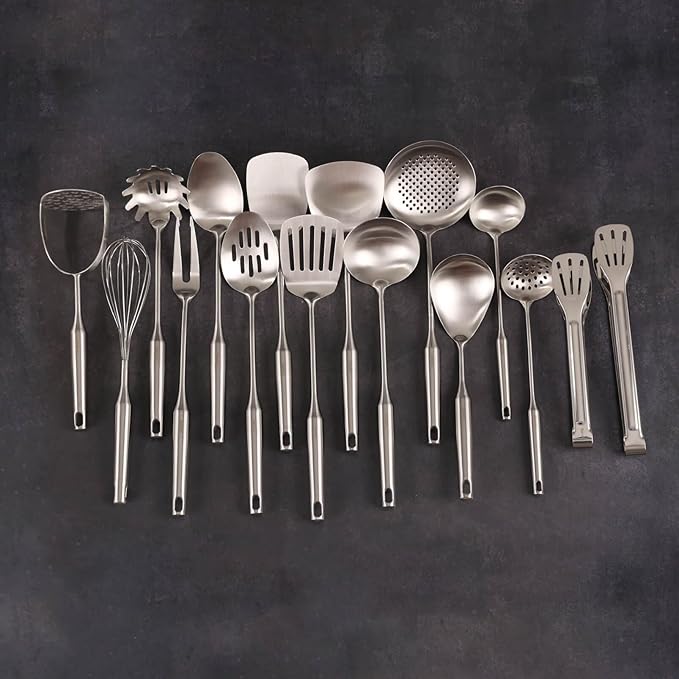 18/10 Stainless Steel Cooking Utensils Set - 16 PCS All Metal Kitchen Tools, Serving Utensils - Whisk, Masher, Fork, Tongs, Solid/Slotted Spoon, Spatula, Turner, Ladle, Skimmer, Pasta, Large Spoon Set