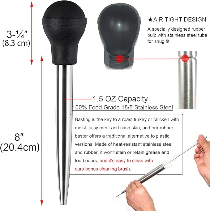 KAYCROWN Stainless Steel Turkey Baster Commercial Grade Quality Rubber Bulb Including 2 Marinade Injector Needles and Brush for Easy Clean Up