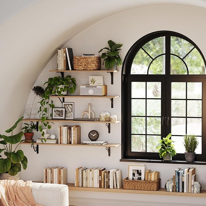 DINZI LVJ Long Wall Shelves, 31.5 Inch Wall Mounted Shelves Set of 2, Easy-to-Install, Wall Storage Ledges with Sturdy Metal Brackets for Living Room, Bathroom, Bedroom, Kitchen, Natural