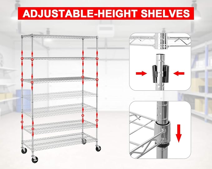 FDW 48 inch L×18 inch W×76 inch H Wire Shelving Unit Metal Shelf with 6 Tier Casters Adjustable Layer Rack Strong Steel for Restaurant Garage Pantry Kitchen Garage, Chrome