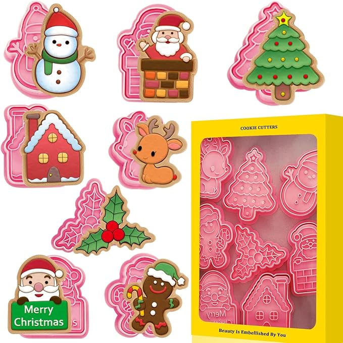 Leesgel Christmas Cookie Cutters, 3D Christmas Holiday Cookie Cutters Shapes with Santa/Xmas Tree/House/Deer, Christmas Party Decorations Ornaments
