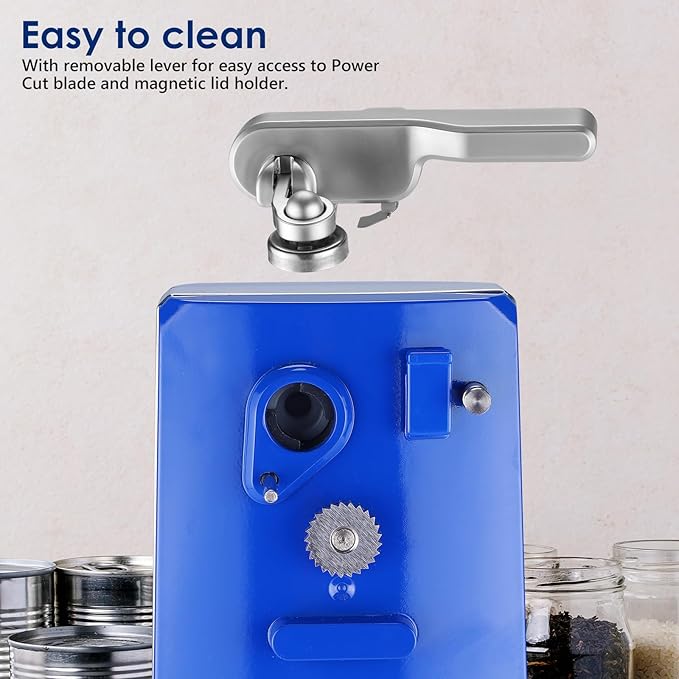 Davivy Electric Can Opener for One Touch Lid Opening,Removable Stainless Steel Cutter and 3-in-1 Design with Knife Sharpener and Bottle Opener. Blue