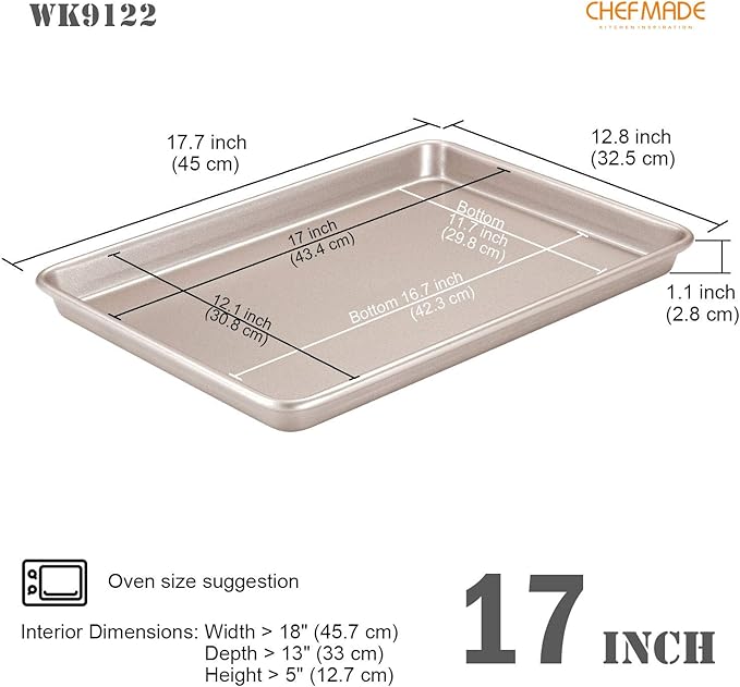 CHEFMADE 17-Inch Baking Sheet Pan, Non-Stick Carbon Steel Rimmed Cookie Sheet Pan for Oven Roasting Meat Bread Jelly Roll Battenberg Pizzas Pastries 12.8" x 17.7" x 1.1" (Champagne Gold)