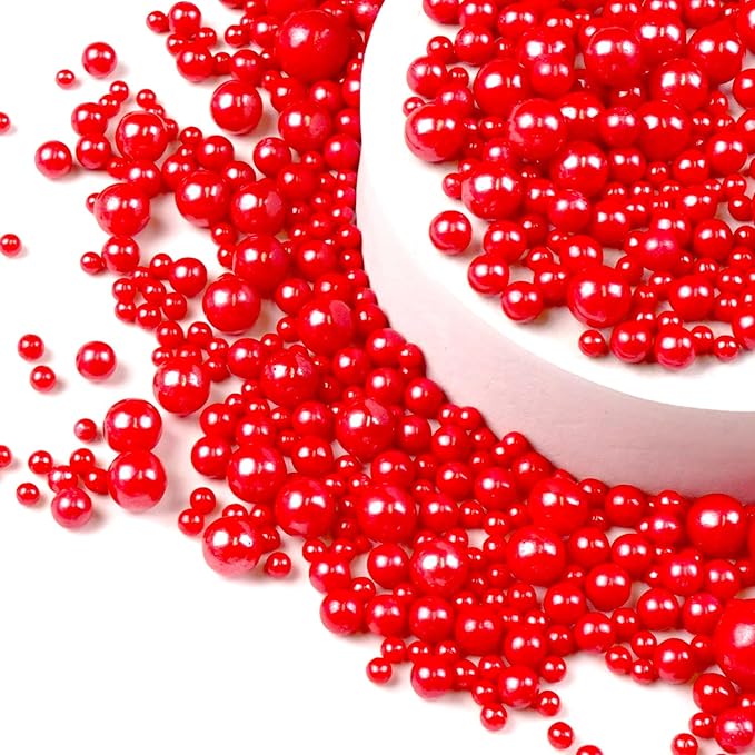 Red Pearl Sugar Sprinkles for Cake Decorating, Mix Size, Edible Candy Pearls Cupcake Toppers, Baking Edible Cake Decorations for Kid's Birthday Christmas Wedding Party, 150g/5.29oz