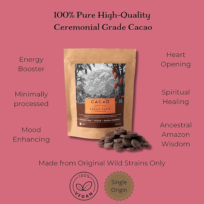 Cacao Adventures Ceremonial Grade Cacao | 100% Pure Cacao | Dairy & Vegan Free | Unsweetened | Vegan Peruvian Cacao