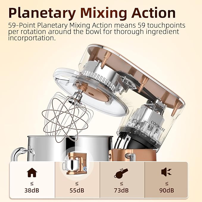 COOKLEE Stand Mixer, 9.5 Qt. 660W 10-Speed Electric Kitchen Mixer with Dishwasher-Safe Dough Hooks, Flat Beaters, Wire Whip & Pouring Shield Attachments for Most Home Cooks, Champagne