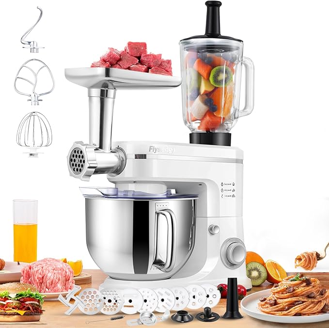 Stand Mixer 7-IN-1 1500W 6.5 QT Multifunctional Electric Kitchen Mixer 6+P Speed Tilt-Head with Stainless Steel Bowl&Handle, 1.5L Glass Jar, Meat Grinder, Dough Hook, Whisk, Pasta Attachments
