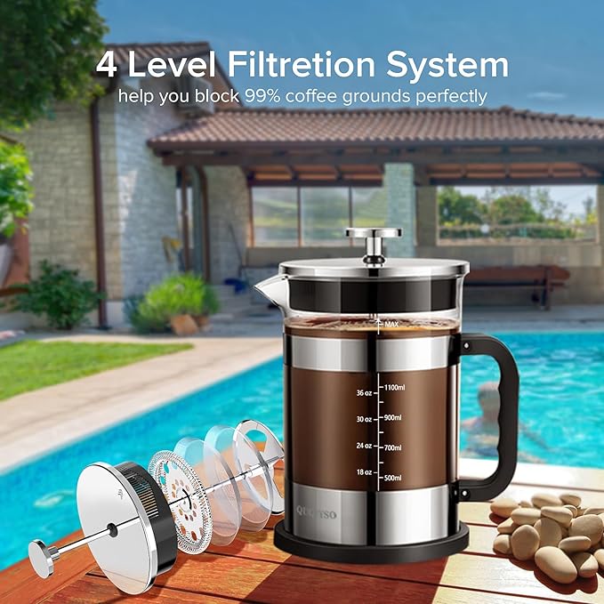 QUQIYSO French Press Coffee Maker 51oz 304 Stainless Steel French Press with 4 Filter, Heat Resistant Durable, Easy to Clean, Borosilicate Glass Coffee Press, Sliver