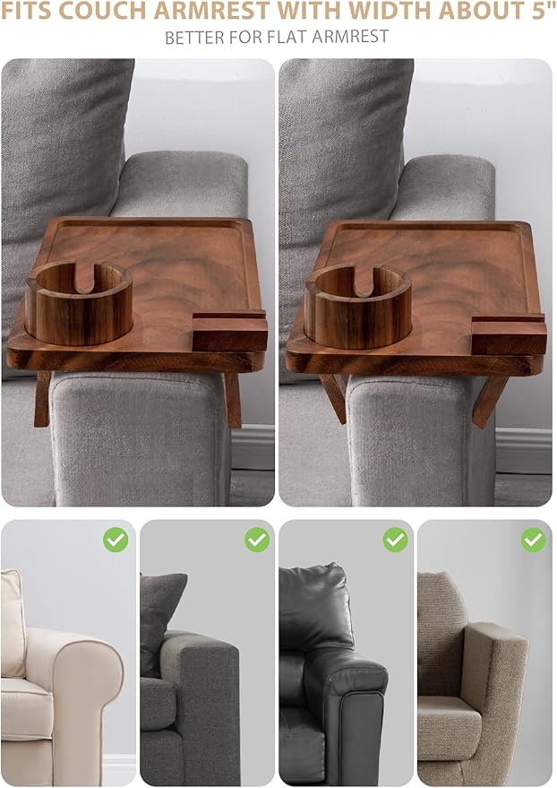 Sofa Arm Tray, Acacia Wood Couch Cup Holder, Portable Large Sofa Armrest Tray Anti-Spill Beverage Snack Remote Holder