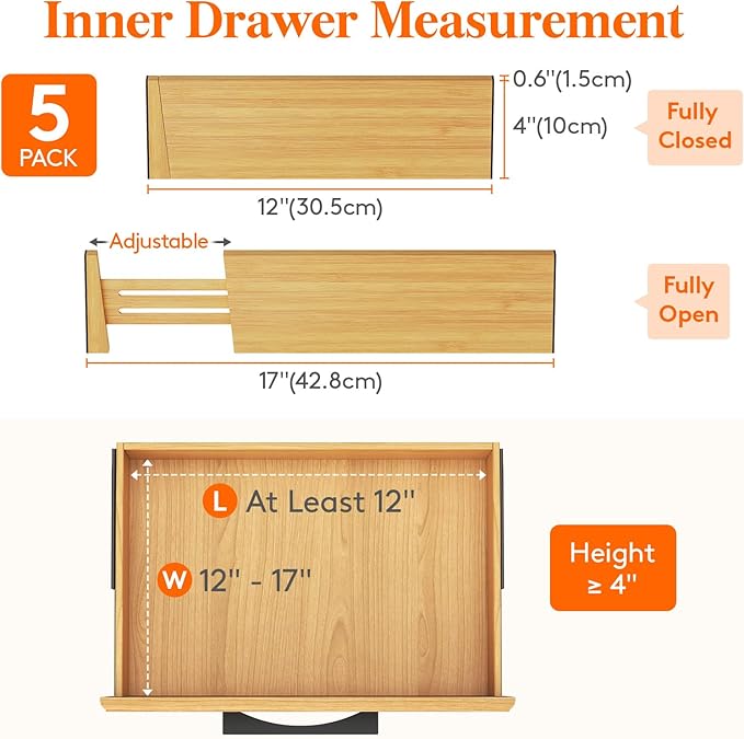 Lifewit 5 Pack Drawer Dividers Bamboo 4" High, 12-17" Adjustable Drawer Organizers for Clothes, Expandable Dresser Separators in Bedroom/Bathroom/Kitchen/Fridge/Office Organization and Storage