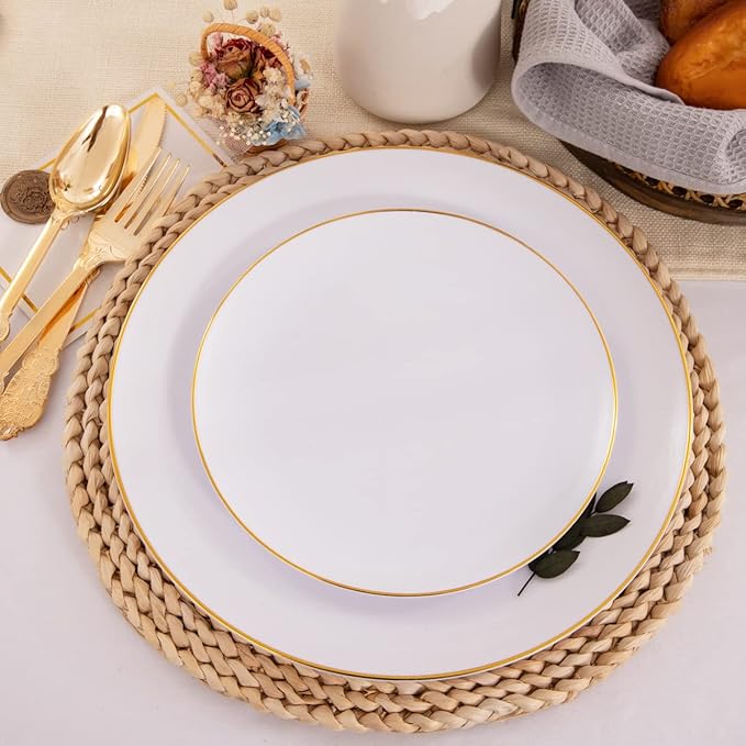 KIRE 100PCS Disposable Plates - White with Gold Rim for Party/Wedding - Includes 50Pieces 10.25inch Dinner and 50Pieces 7.5inch Dessert/Salad Plates