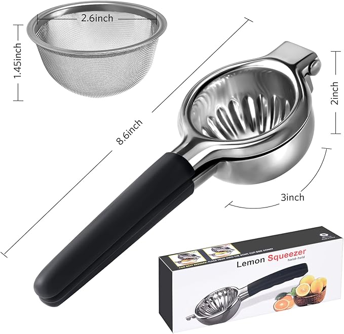 Lemon Squeezer, Sopito Stainless Steel Citrus Squeezer with Mesh Strainer Heavy Duty Lemon Press with Large Metal Bowl for Seedless Juicing, Non-Slip Grip Design Manual Juicer