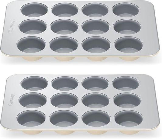 Caraway Non-Stick Ceramic 12-Cup Muffin Pan Duo - Naturally Slick Ceramic Coating - Non-Toxic, PTFE & PFOA Free - Perfect for Cupcakes, Muffins, and More - Cream