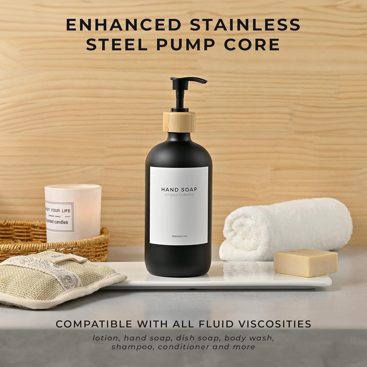 MaisoNovo Glass Hand Soap Dispenser | Dish Soap Dispenser for Kitchen | 16.9oz Black Bottles with Black Bamboo Pump | Bathroom Lotion Dispenser