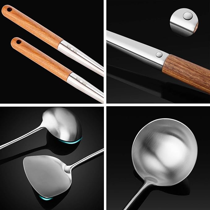 FJNATINH Wok Spatula and Ladle Tool Set, 17inches Spatula for Wok, 304 Stainless Steel Spatula Soup Ladle