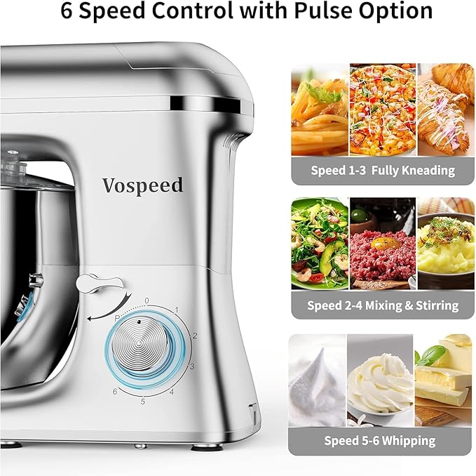 Vospeed 9 IN 1 Stand Mixer, 850W Tilt-Head Multifunctional Electric Mixer with 8 QT Stainless Steel Bowl, 1.5L Glass Jar, Meat Grinder, Hook, Whisk, Beater Dishwasher Safe (Silver)