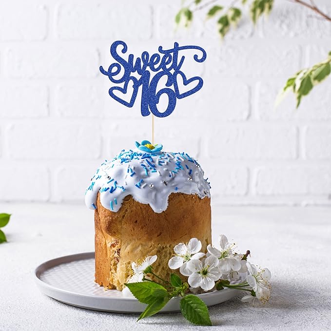 Gyufise 1Pc Sweet Teenager 16 Cake Topper Glitter 16th Birthday Cake Pick for Cheers to 16 Years Old 16th Birthday Party Cake Decorations Supplies Blue