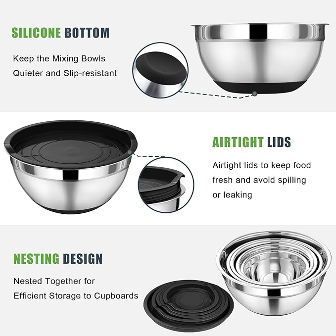 P&P CHEF Mixing Bowl with Lid Set, 5 Piece Stainless Steel Mixing Nesting Bowls for Salad Storage, 3 Grater Attachments & Non-Slip Bottoms, Size 1/1.5/2 / 2.6/4.6 QT, Black
