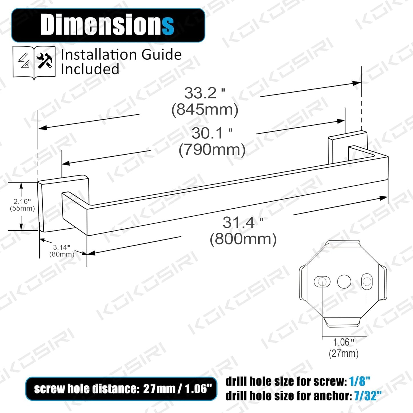 KOKOSIRI 32-Inch Single Towel Bar, Bathroom Kitchen Towel Holder, Wall Mounted T-304 Stainless Steel Towel Rack 2 Pack, Brushed Nickel, B4003BR-L32-P2