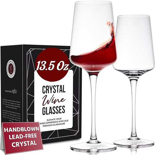 Gusto Nostro Crystal Wine Glasses Set of 2, 13.5 Oz Long Stem Modern Wine Glasses for White and Red Wine, Dishwasher Safe, Fancy, Elegant, Large and Tall Wine Glass for Wedding Christmas Anniversary