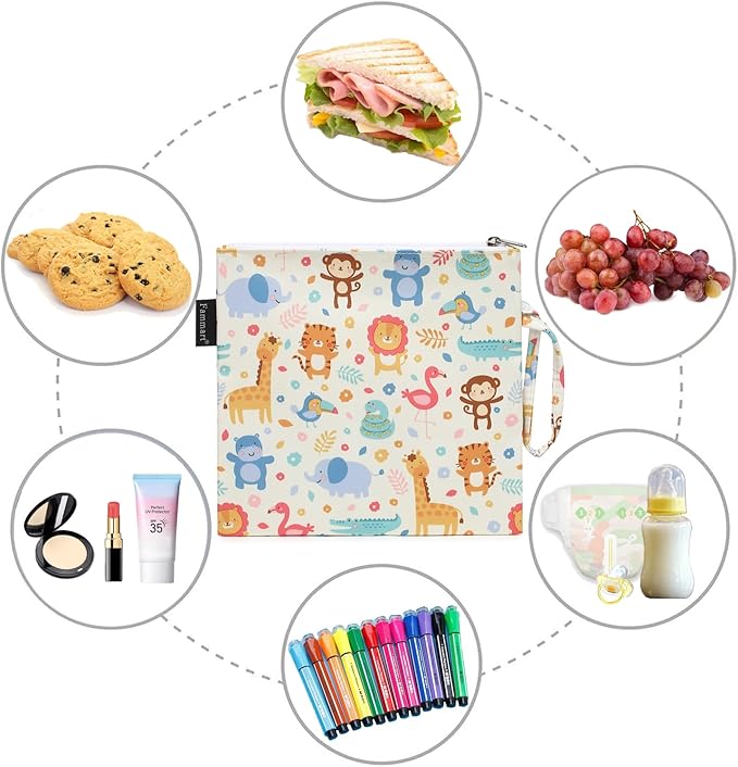 Reusable Sandwich Bag/Snack Bag for Kids & Adults, Dual Layer Lunch Bag with Handle, Washable, Food Safe, BPA Free (1-Pack, Zoo)