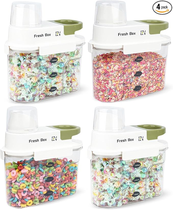 Cereal Storage Container 4Pack,44oz/1.3L Airtight Food Storage Containers With Lids,Organizers Storage With Measuring Cup for Beans,Sugar,Rice,Nuts,Snacks,Dog Cat Pet Food,Candy