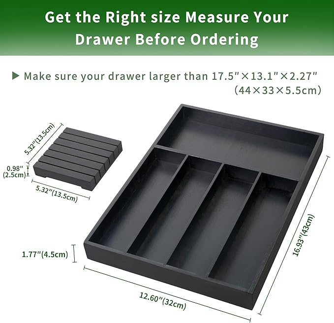 VaeFae Bamboo Silverware Organizer, Utensil Holder for Drawer, Wooden Cutlery Tray with Divider for Kitchen Drawer, Utensil Organizer with Knife Block（Black）
