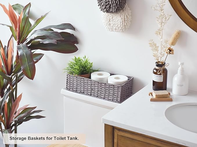 StorageWorks Round Paper Rope Toilet Tank Topper Basket, Wicker Basket for Bathroom, Gray, 2-Pack