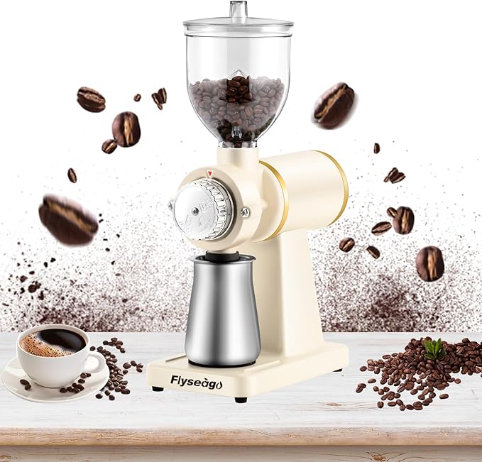 Electric Coffee Grinder Burr Espresso Coffee Bean Grinder Small Automatic Stainless Steel Coffee Mill With Brush, Creamy White