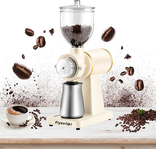 Electric Coffee Grinder Burr Espresso Coffee Bean Grinder Small Automatic Stainless Steel Coffee Mill With Brush, Creamy White