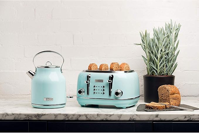 Haden Heritage 1.7 Liter Stainless Steel Electric Kettle, Hot Water Kettle with 360-Degree Base and Auto Shutoff, Turquoise & Chrome