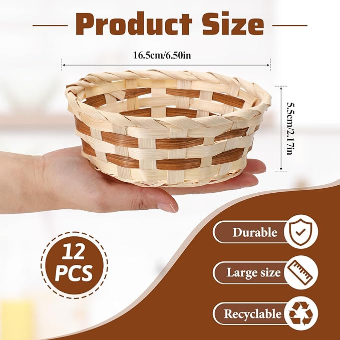 12 Pack Round Gift Baskets, 7" Small Bamboo Woven Bread & Fruit Baskets, Food Storage Serving Basket for Kitchen, Restaurant, Centerpiece Display, Party, Wedding