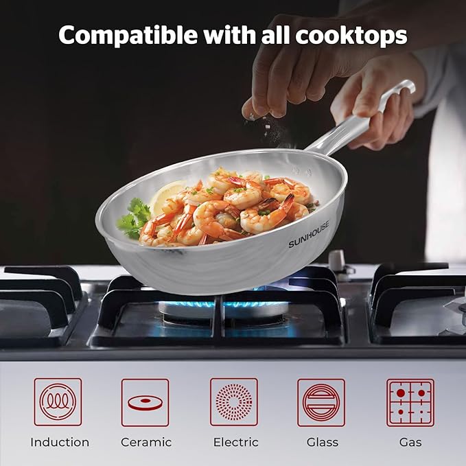 Sunhouse 18/10 11 Inch Stainless Steel Frying Pan, Whole-Clad No Coatings Skillet with Stay-cool Handle for Cooking, Durable & Oven Safe to 500°F, Dishwasher Safe, Compatible with All Cooktops