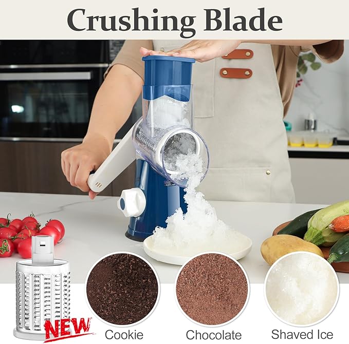 Cambom Rotary Cheese Grater Hand Crank Cheese Shredder for Fresh Cheese, Vegetable, Nuts, Non-slip Suction Base,Five Blades, Deep Blue