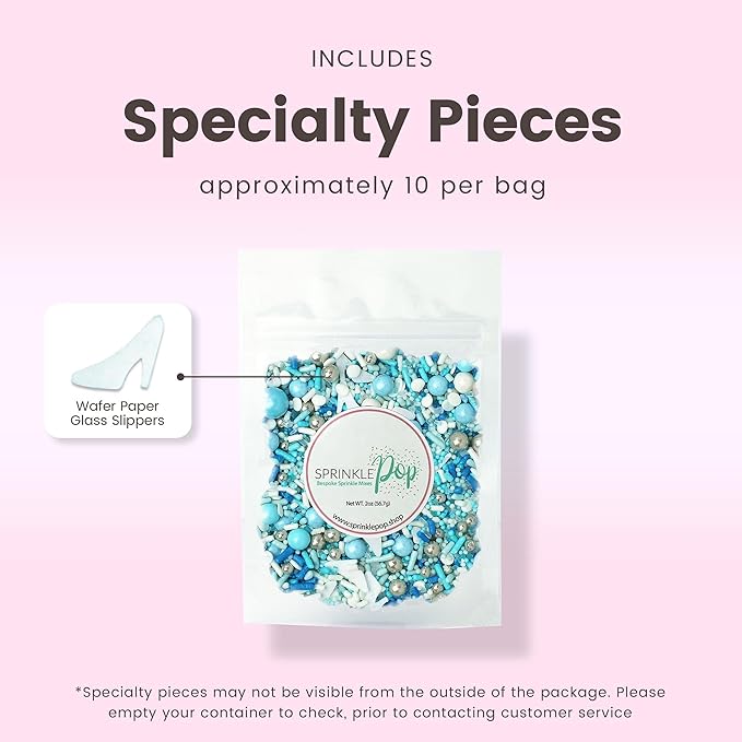 Sprinkle Pop Glass Slipper Princess Sprinkle Mix| Blue White Sprinkles with ~10 Frozen Shoe Wafer Paper and Silver Dragees| Girl Sprinkles Made in USA for Decorating Birthday Cupcakes Cake Donuts, 2oz