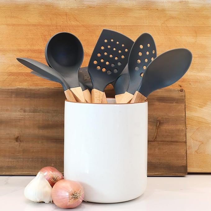 Beille Grey Nylon Spoon with Wooden Handle Kitchen Utensils High Heat Resistance, 13 Inch