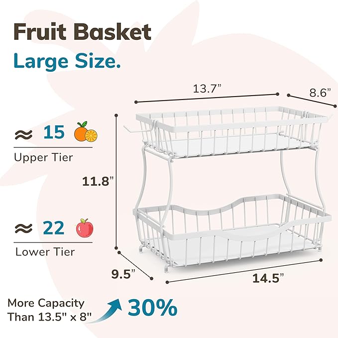 Large 2-Tier Fruit Basket for Kitchen Counter with 2 Banana Hangers – Metal Fruit Bowl for Onion, Vegetable, Snacks, Breads Storage – Countertop Organizer – White